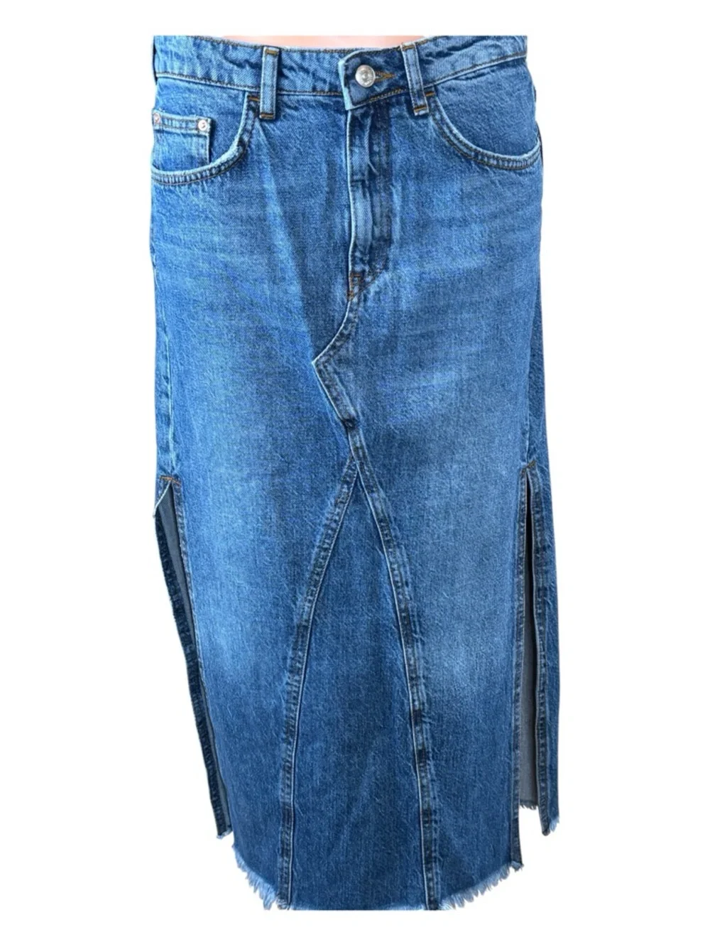 FREE PEOPLE Midi Blue Denim Skirt with Side Slits.